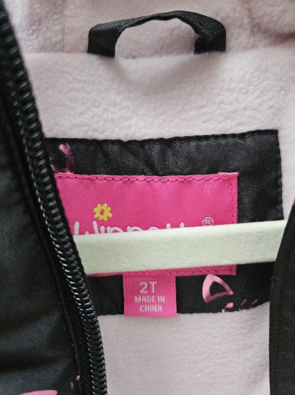 Black Puffy Hooded Coat with Pink Cat Print - Picture 3 of 4